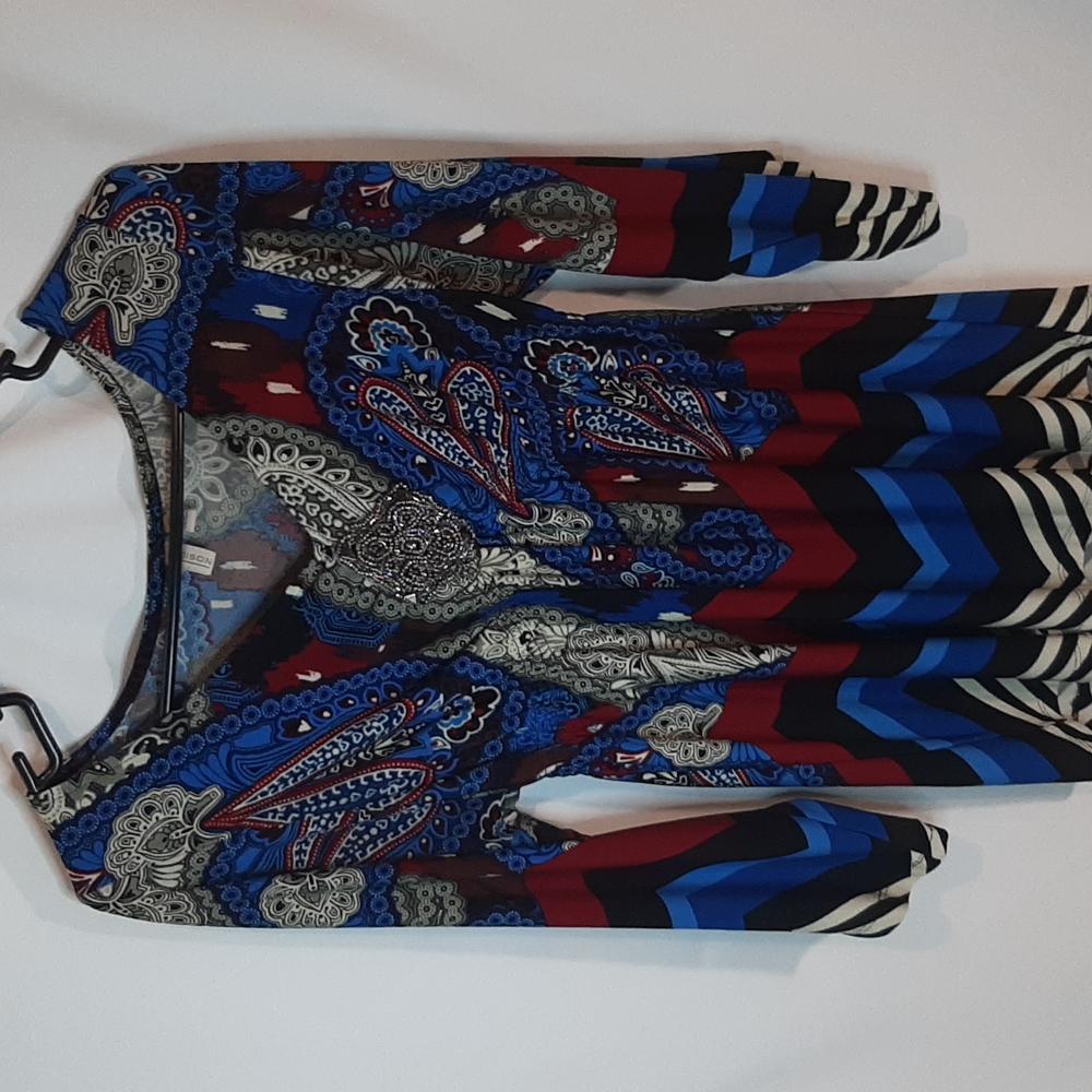 Madison longsleeve blue red embellished neck tunic blouse shirt Size S small
